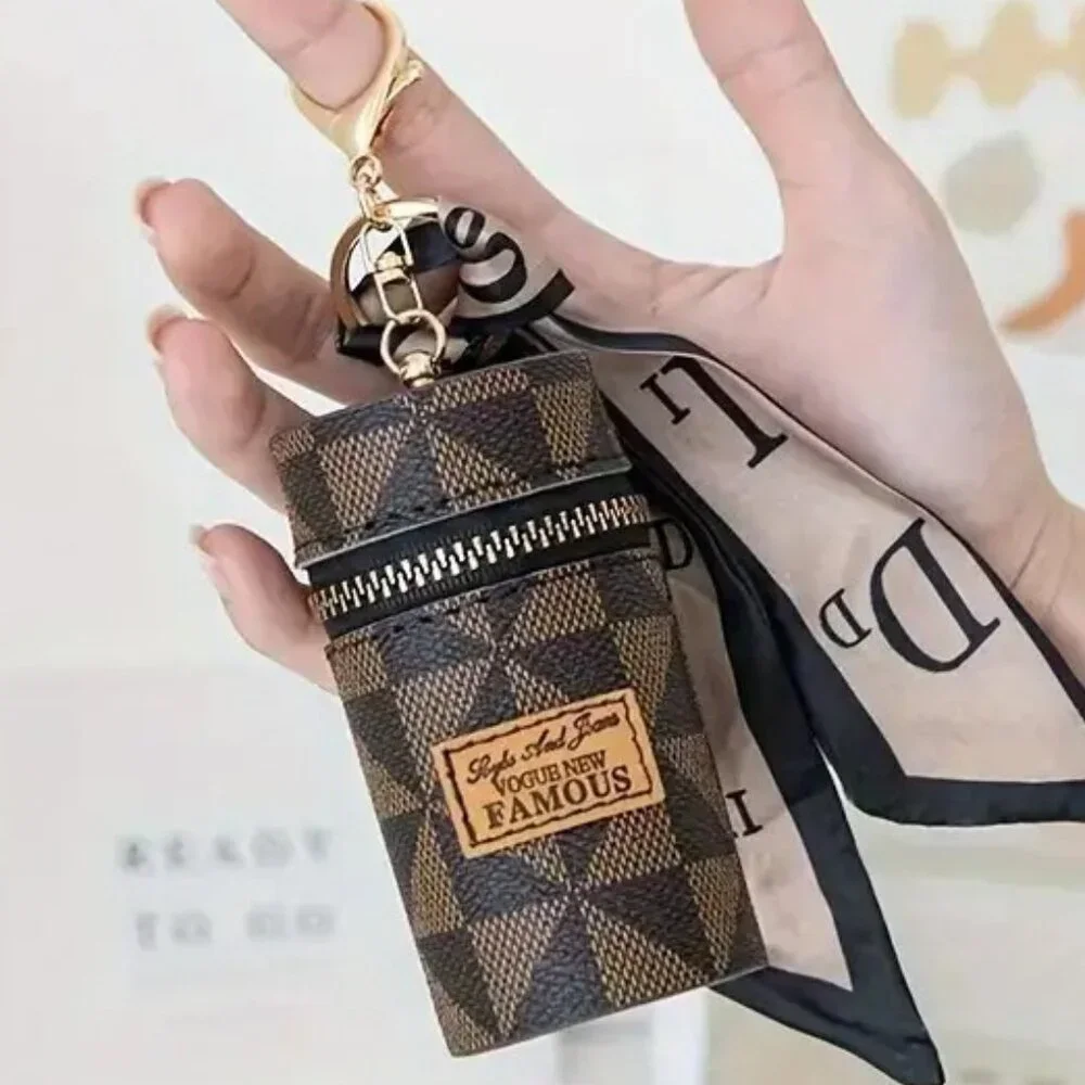 Mini Bag Charm Keychain Checkered Lipstick Earbuds Holder Scarf Zipper Pouch
